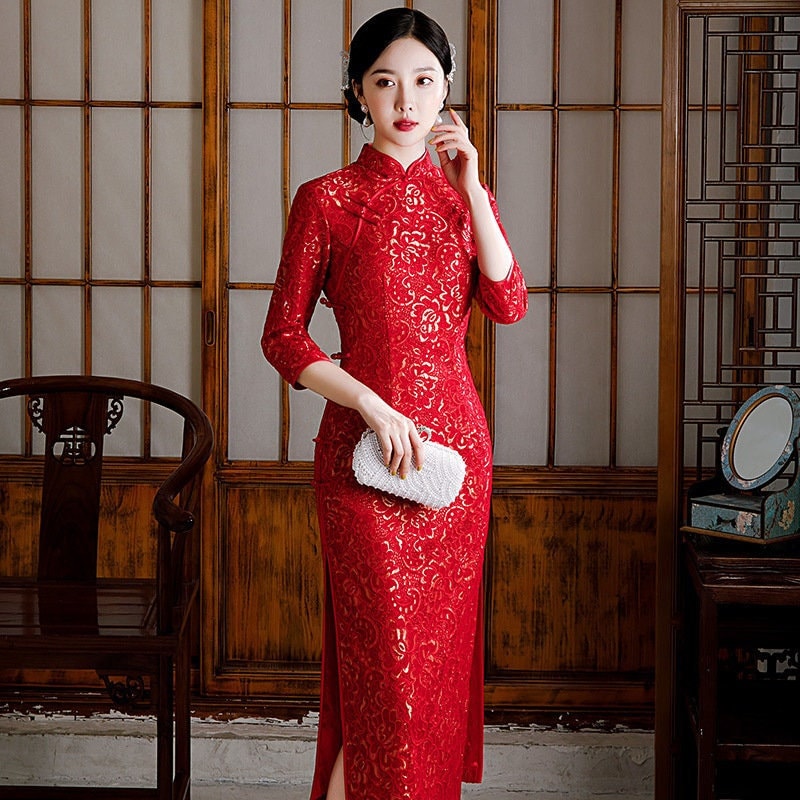 Long Sleeves Lace Cheongsam Qipao Dress | Red Blossom - Oriental Me