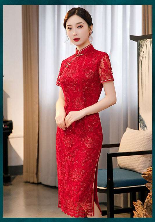 Red Lace  Cheongsam Qipao Dress - Oriental Me