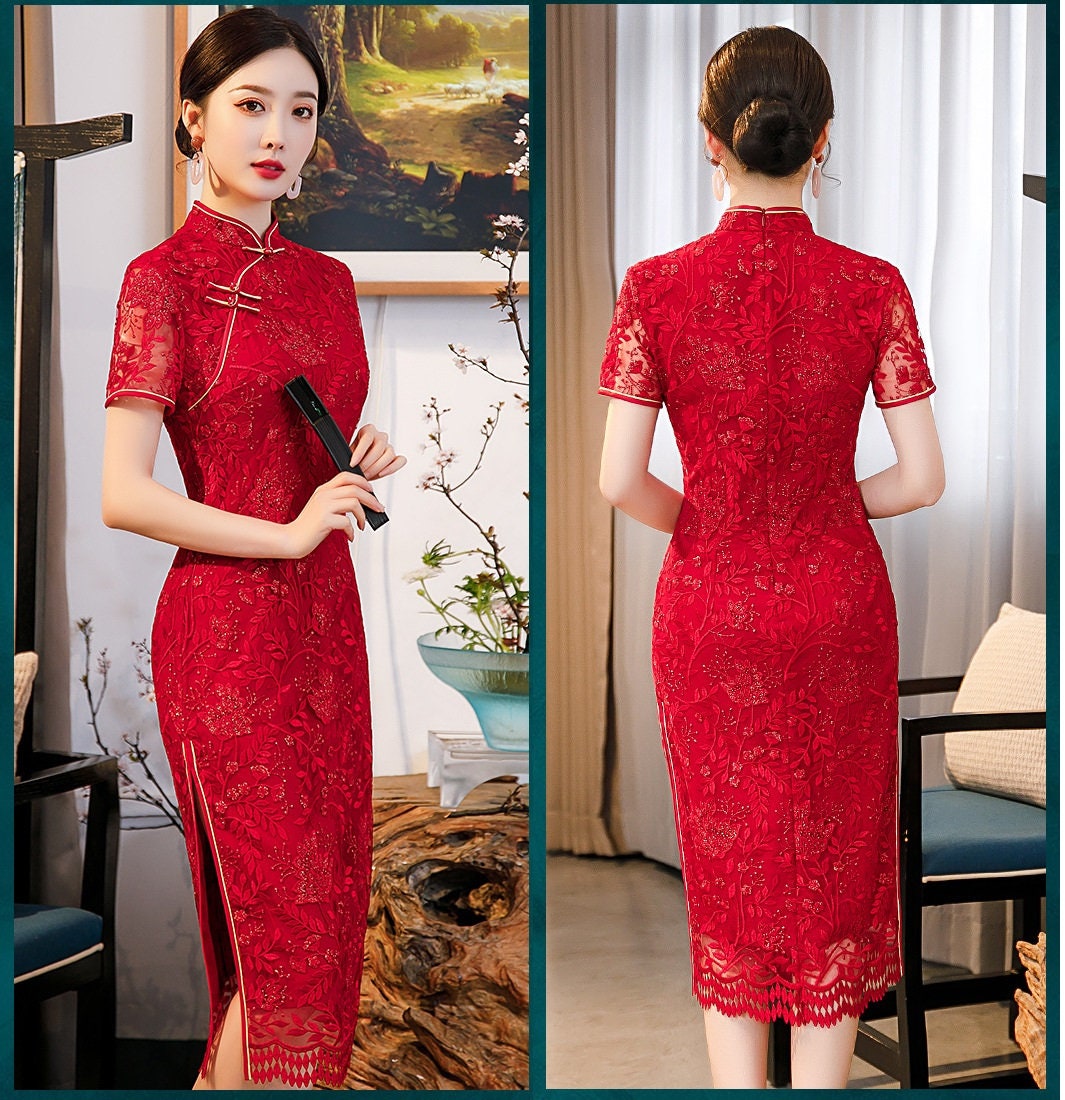 Red Lace  Cheongsam Qipao Dress