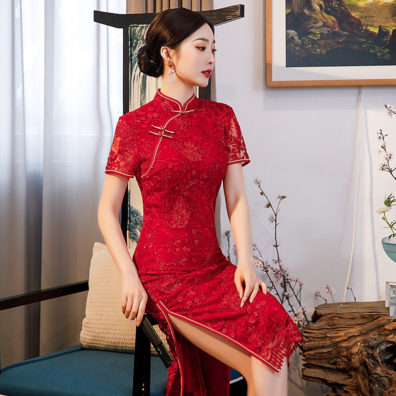 Red Lace  Cheongsam Qipao Dress