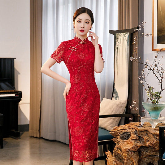 Red Lace  Cheongsam Qipao Dress - Oriental Me