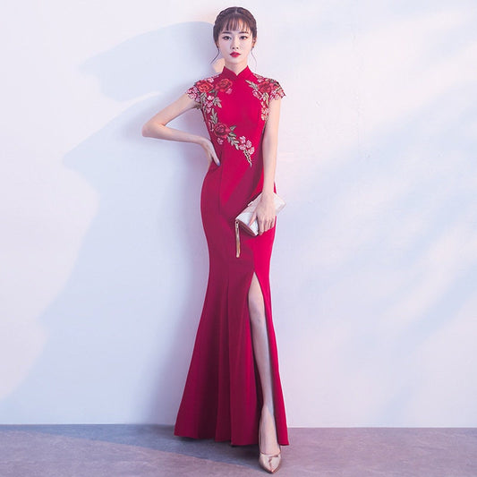 Red Floor Length Bridal Cheongsam Qipao Dress | Rosy - Oriental Me