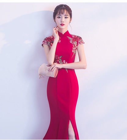 Red Floor Length Bridal Cheongsam Qipao Dress | Rosy