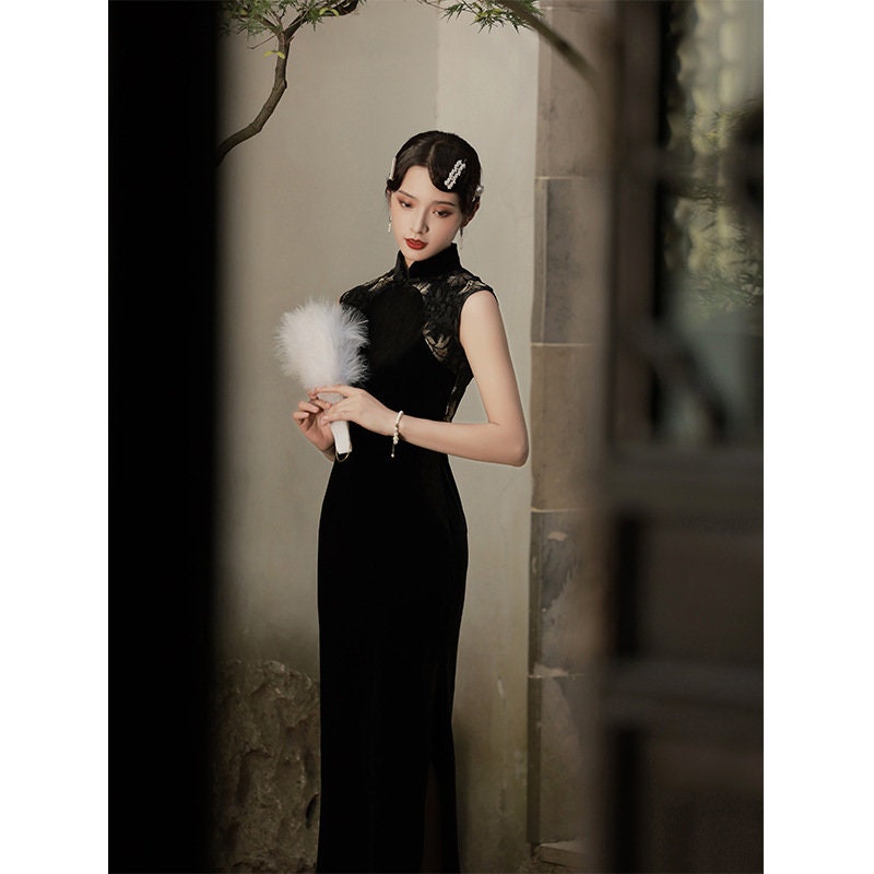 Black Sleeveless Velvet Cheongsam Qipao Dress