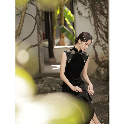 Black Sleeveless Velvet Cheongsam Qipao Dress