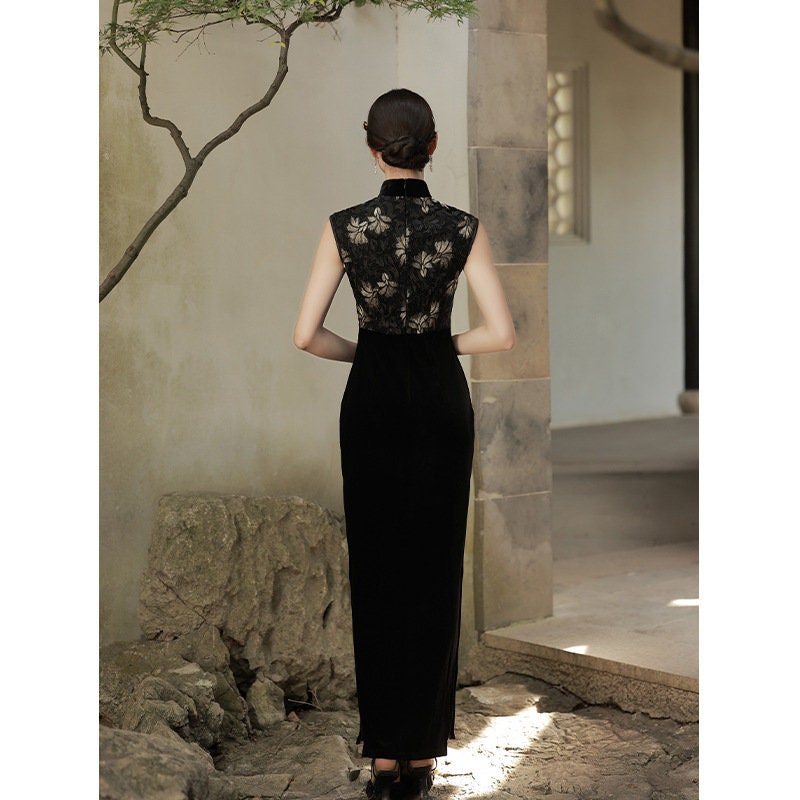 Black Sleeveless Velvet Cheongsam Qipao Dress