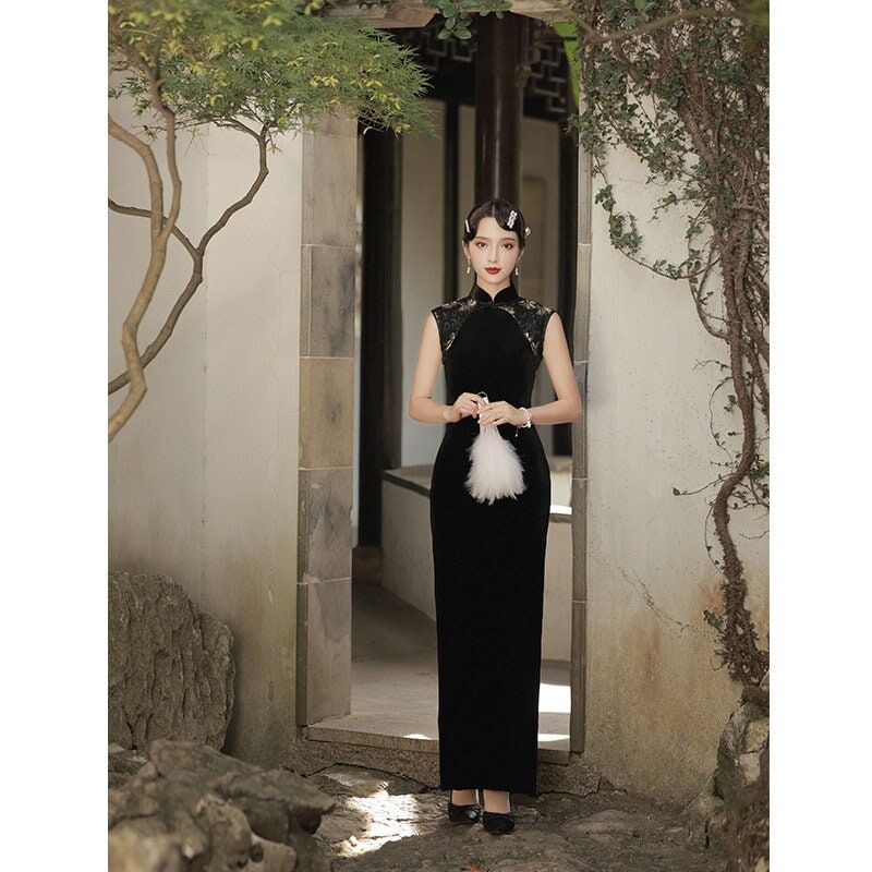 Black Sleeveless Velvet Cheongsam Qipao Dress