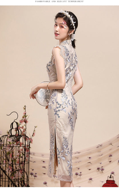 Beige Lace   Floral Cheongsam Qipao Dress|Magnolia