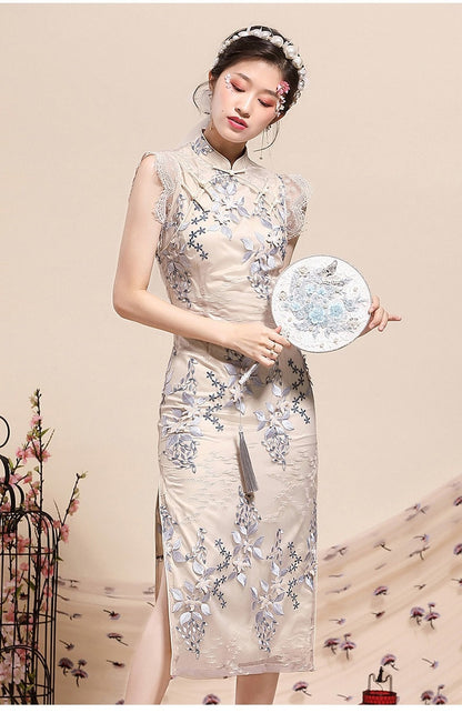 Beige Lace   Floral Cheongsam Qipao Dress|Magnolia