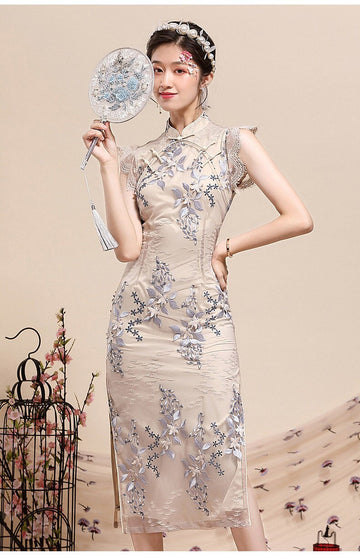 Beige Lace   Floral Cheongsam Qipao Dres