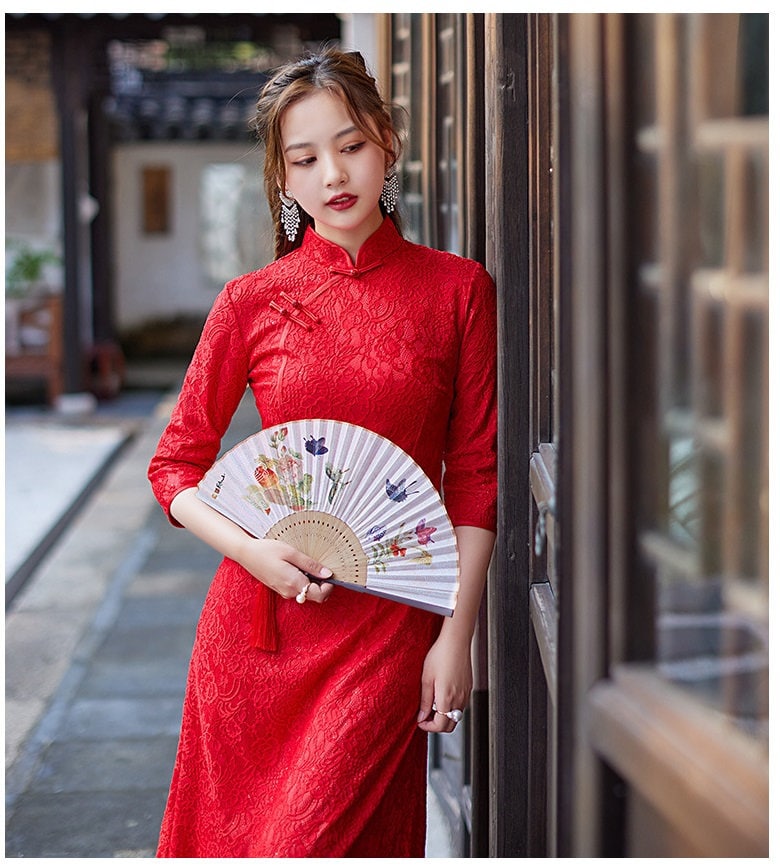 Red Lace A Line Cheongsam Qipao
