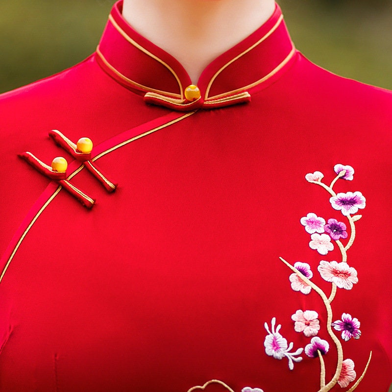 Red Chinese Floral Cheongsam Qipao Dress