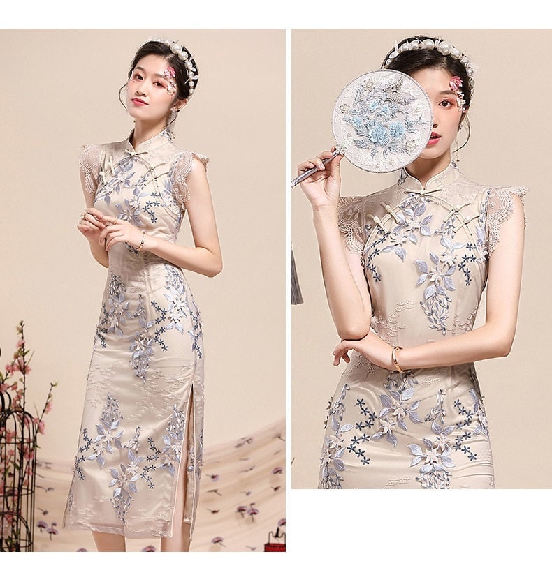 Beiges Cheongsam-Qipao-Kleid mit Blumenmuster und Spitze|Magnolia