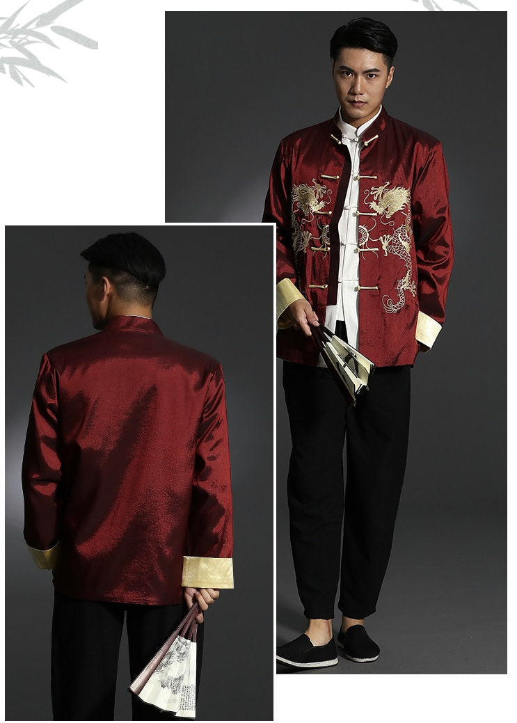 Red Chinese Mandarin Collar Jacket with dragon embroidery