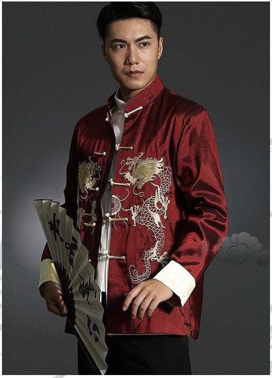 red Traditional chinese dragon tang jacket