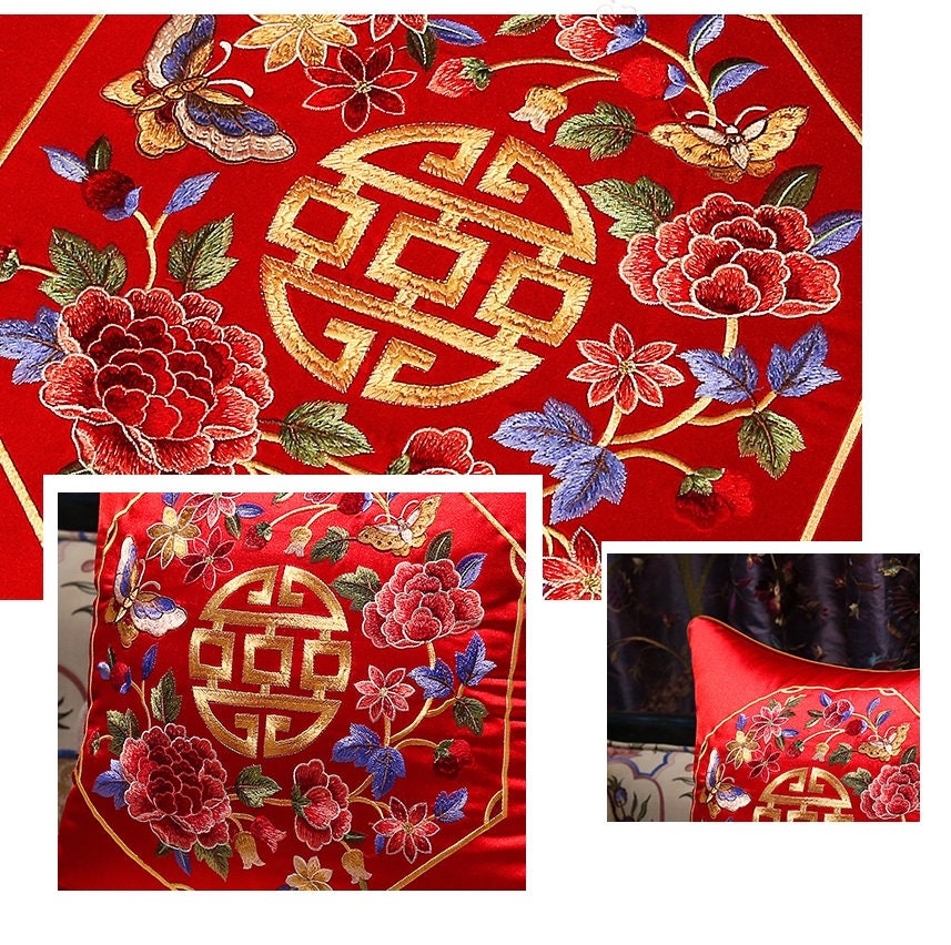 Embroidered Satin Cushion Covers | Good Fortune Peony - Oriental Me
