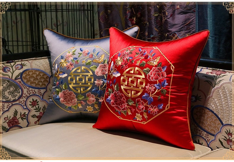 Embroidered Satin Cushion Covers | Good Fortune Peony - Oriental Me