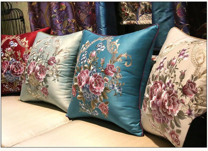 Oriental Floral  Embroidered  Satin Cushion Covers |Peony Garden
