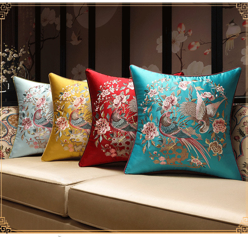 Oriental Floral Birds  Embroidered  Satin Cushion Covers | Peony and Birds - Oriental Me