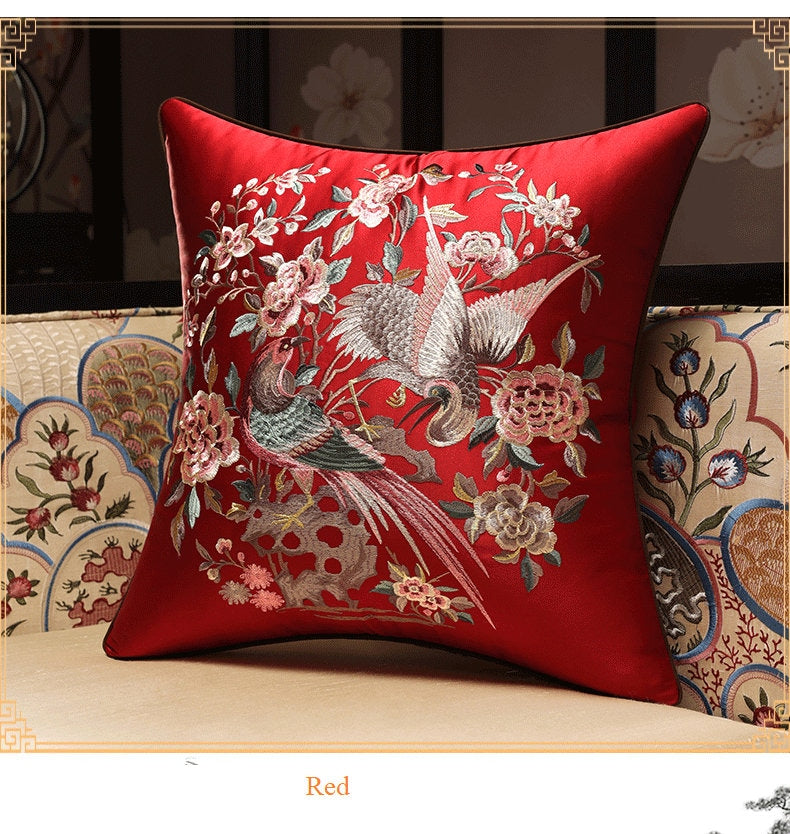 Oriental Floral Birds  Embroidered  Satin Cushion Covers | Peony and Birds - Oriental Me
