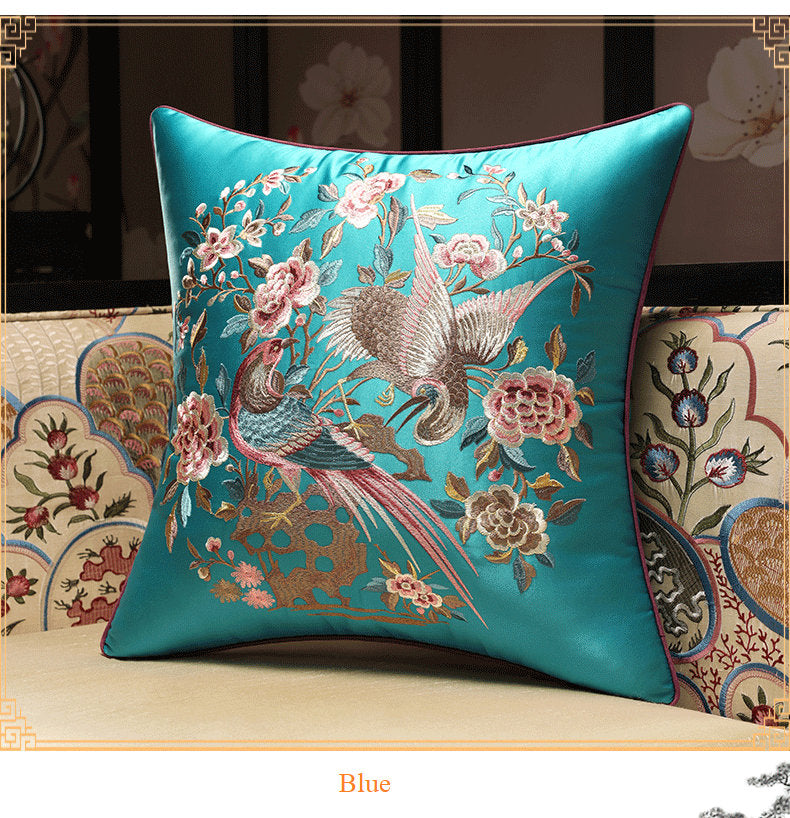 Oriental Floral Birds  Embroidered  Satin Cushion Covers | Peony and Birds - Oriental Me