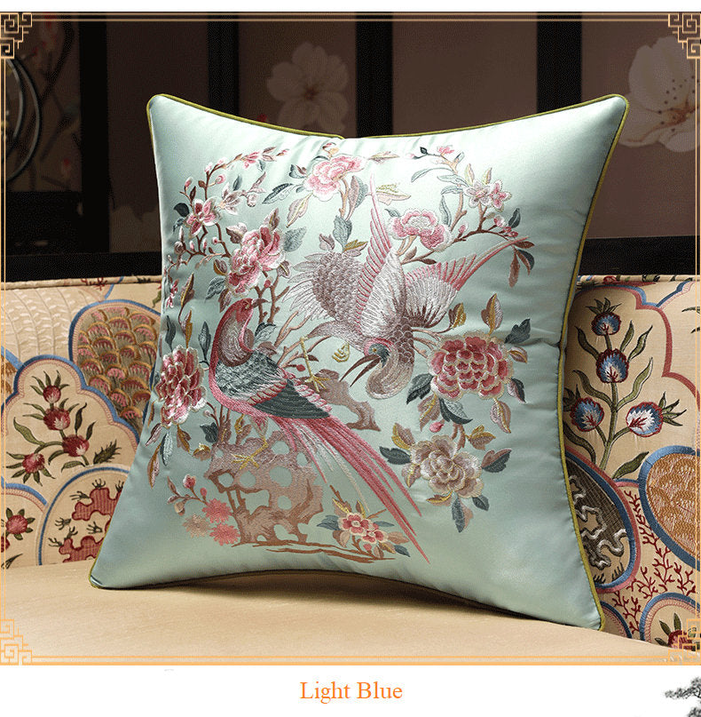 Oriental Floral Birds  Embroidered  Satin Cushion Covers | Peony and Birds - Oriental Me