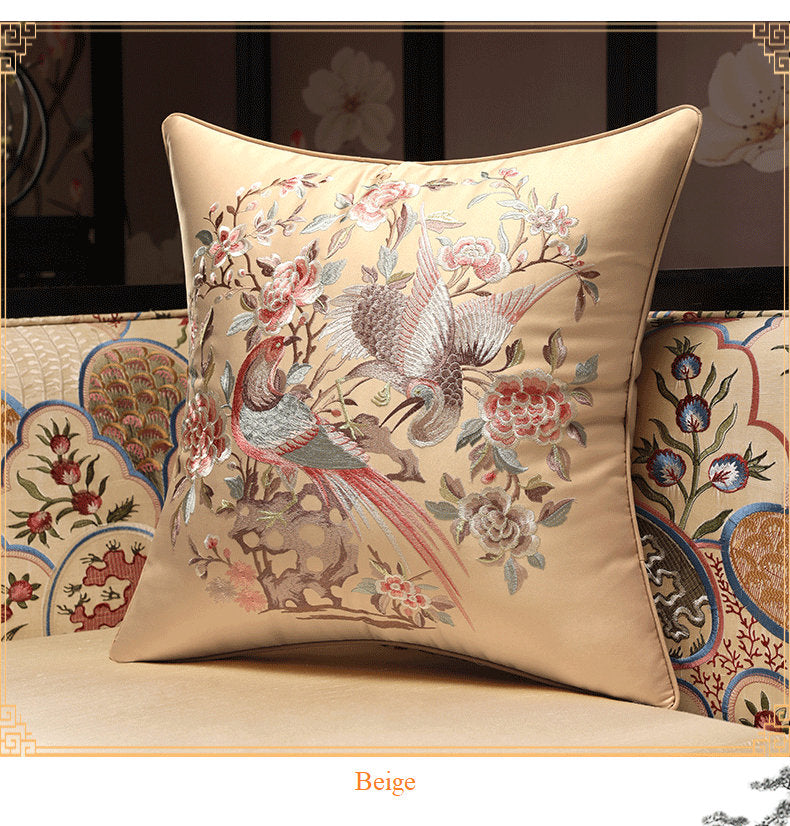 Oriental Floral Birds  Embroidered  Satin Cushion Covers | Peony and Birds - Oriental Me