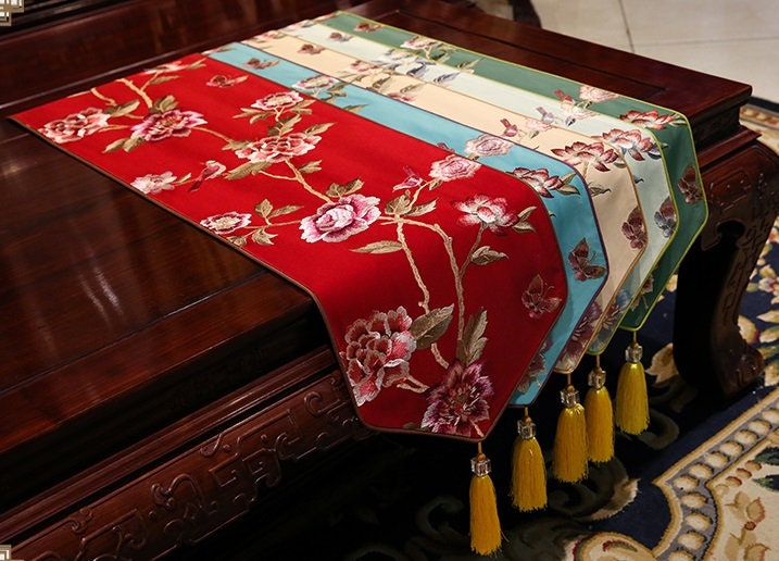 Oriental Floral  Embroidered  Satin Table Runners with Tassel - Oriental Me