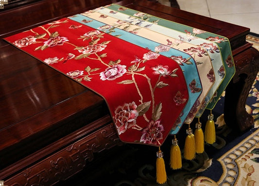 Oriental Floral  Embroidered  Satin Table Runners with Tassel