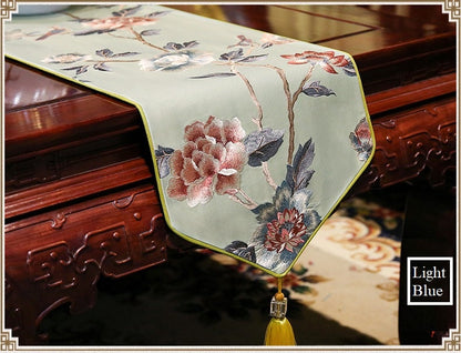 Oriental Floral  Embroidered  Satin Table Runners with Tassel - Oriental Me