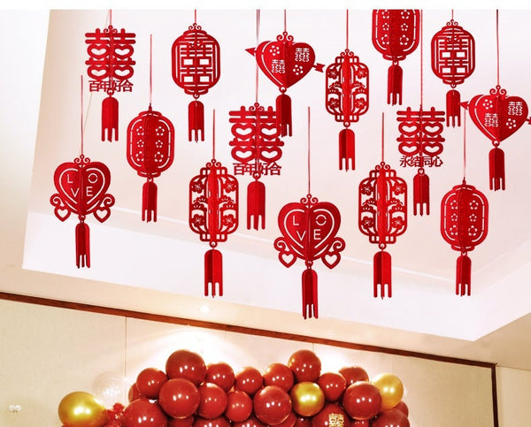 3D Double Happiness  Felt Lanterns  (Set of 6) - Oriental Me