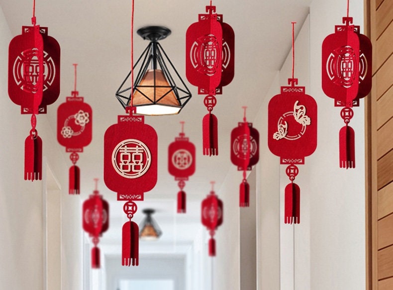 Double Happiness Wedding Felt Lanterns ( Set of 6) - Oriental Me