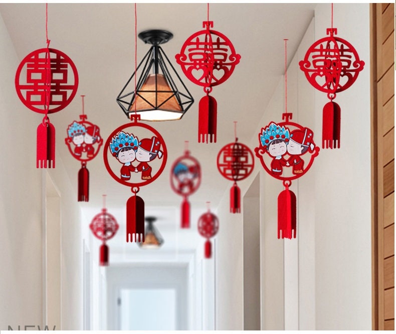 Double Happiness Wedding Felt Lanterns ( Set of 6) - Oriental Me