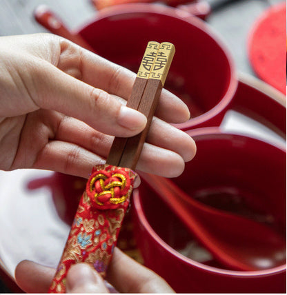 Personalized Engraved Double Happiness Rosewood  Chopsticks with Brocade Sleeves