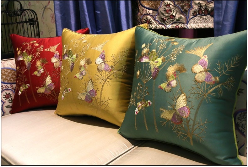 Oriental Floral Embroidered  Satin Cushion Covers | Butterfly