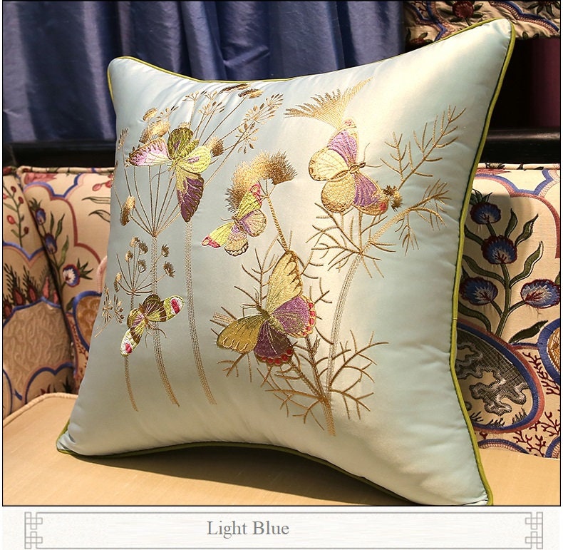 Oriental Floral Embroidered  Satin Cushion Covers | Butterfly