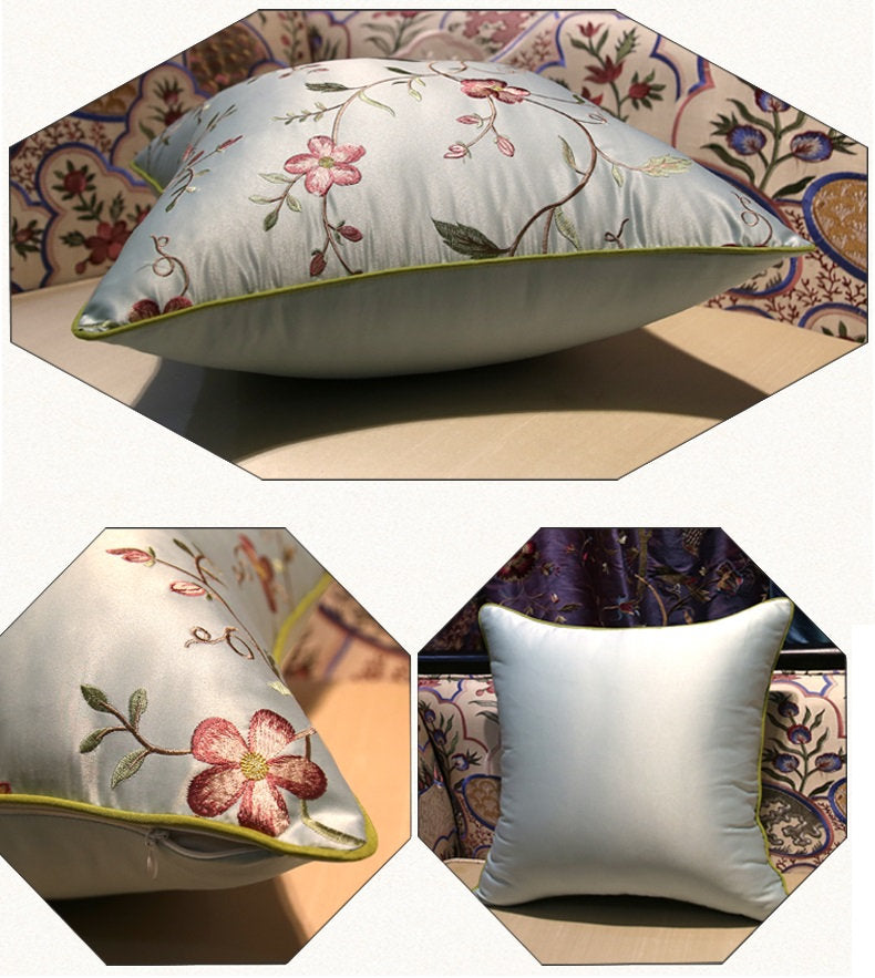 Oriental Floral Birds  Embroidered  Satin Cushion Covers | Peony and Birds