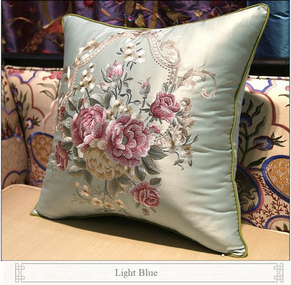 Oriental Floral  Embroidered  Satin Cushion Covers |Peony Garden