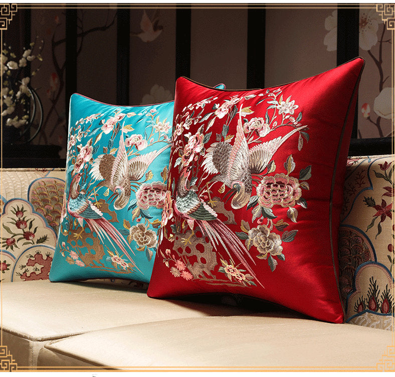 Oriental Floral Birds  Embroidered  Satin Cushion Covers | Peony and Birds - Oriental Me