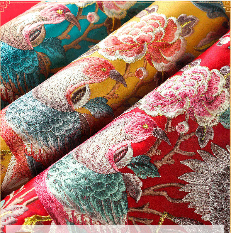 Oriental Floral Birds  Embroidered  Satin Cushion Covers | Peony and Birds - Oriental Me