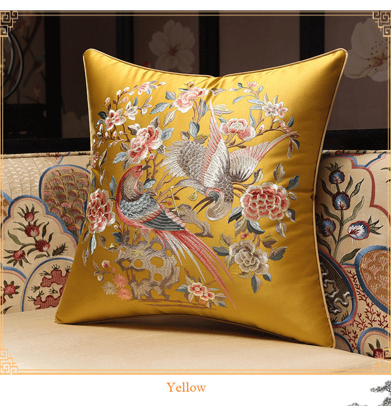 Oriental Floral Birds  Embroidered  Satin Cushion Covers | Peony and Birds - Oriental Me