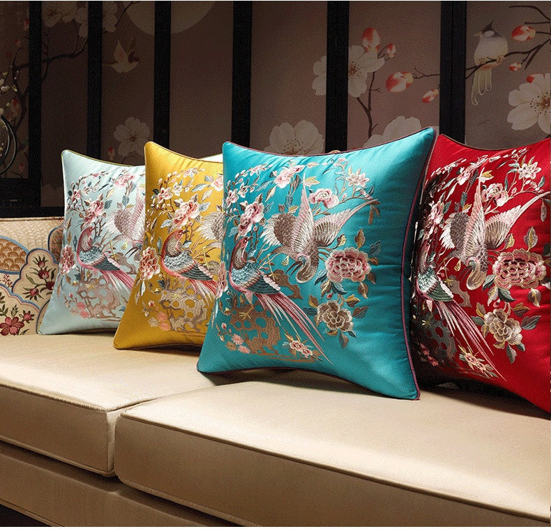 Oriental Floral Birds  Embroidered  Satin Cushion Covers | Peony and Birds - Oriental Me