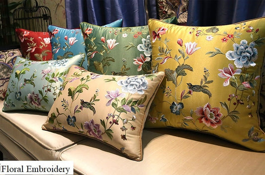 Oriental Peony  & Birds  Embroidered  Satin Cushion Covers