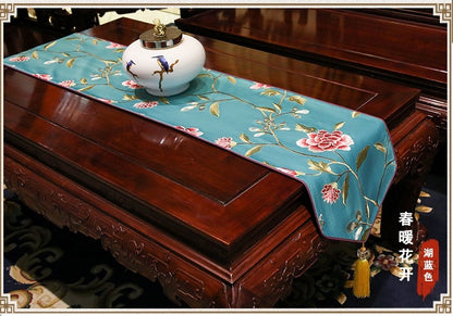 Oriental Floral  Embroidered  Satin Table Runners with Tassel - Oriental Me