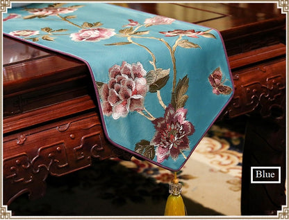 Oriental Floral  Embroidered  Satin Table Runners with Tassel - Oriental Me