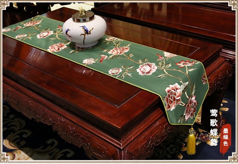 Oriental Floral  Embroidered  Satin Table Runners with Tassel - Oriental Me