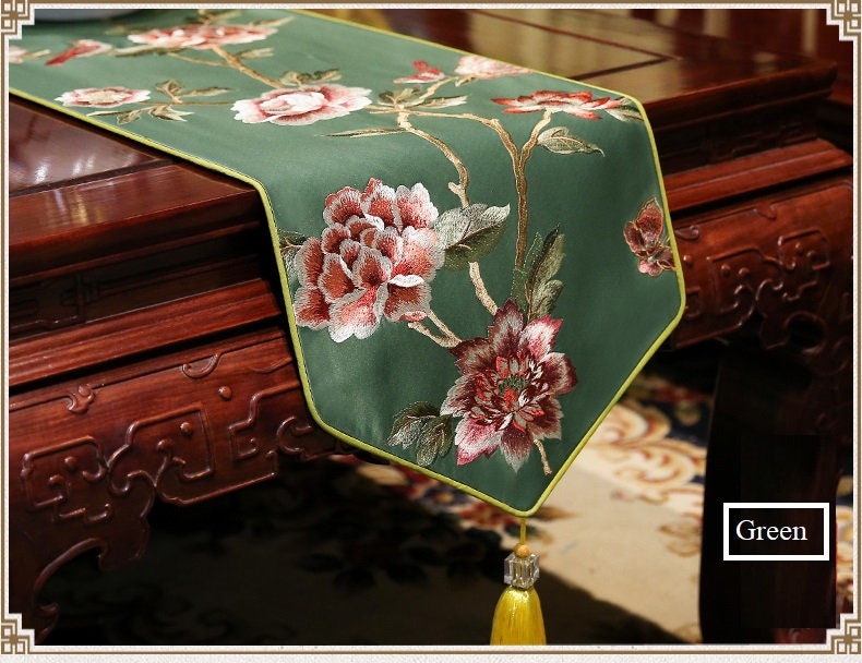 Oriental Floral  Embroidered  Satin Table Runners with Tassel - Oriental Me