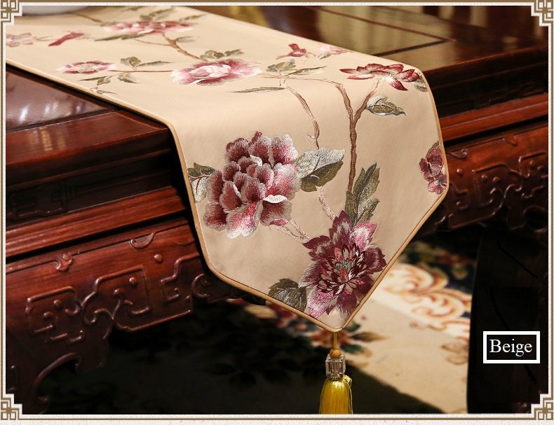 Oriental Floral  Embroidered  Satin Table Runners with Tassel - Oriental Me