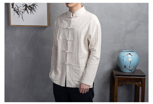 Menâ€™s Asian Chinese Mandarin Collar Frog Buttons Linen Cotton Manchu Tang Shirt Jacket - Oriental Me