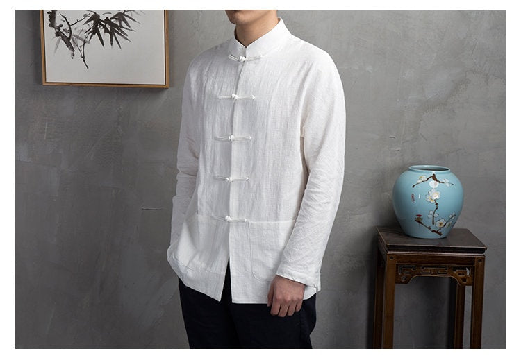 Menâ€™s Asian Chinese Mandarin Collar Frog Buttons Linen Cotton Manchu Tang Shirt Jacket - Oriental Me